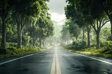 Obraz premium Road with palm trees on either side. The road is empty and the trees are lush and green