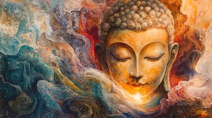 The Serene Abode of Enlightenment: A Painting of Buddha's Face Amidst Vibrant Swirling Colors.
