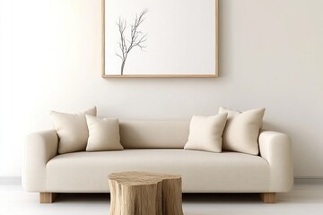 Cozy Modern Living Room with Rustic Flair: Beige Sofa, White Wall, and Space for Text