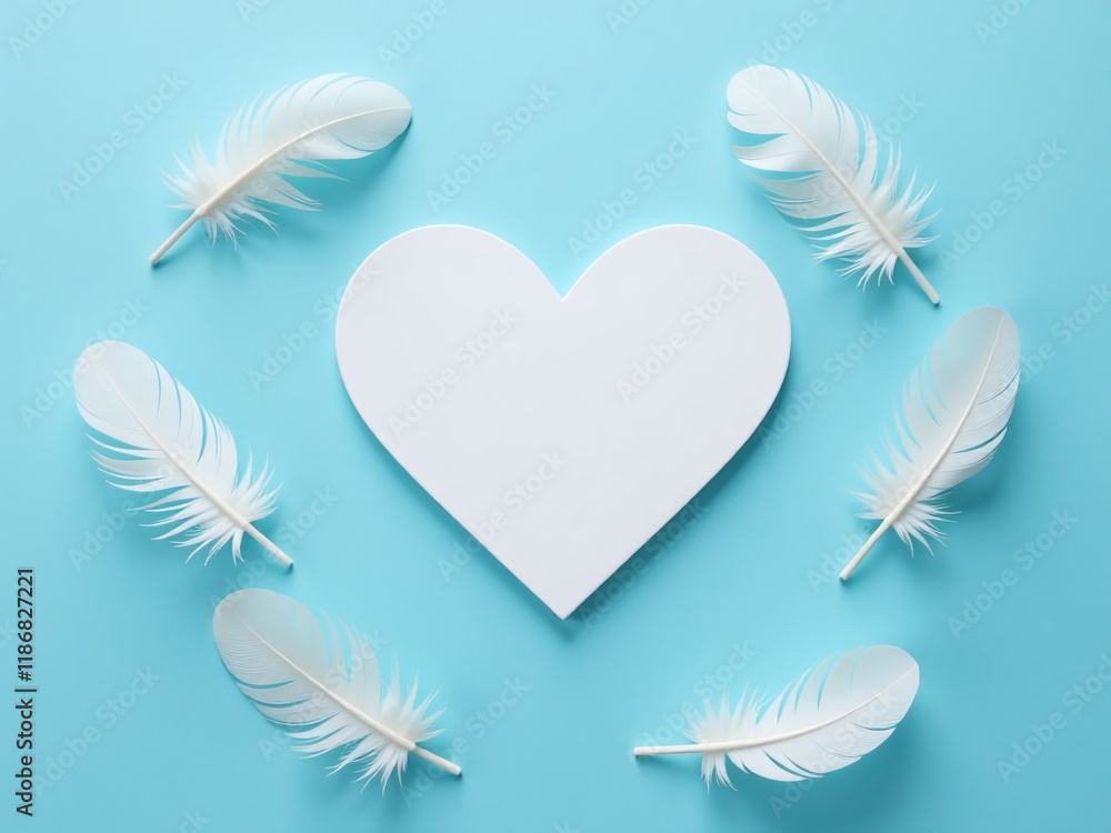 Poster a white heart icon sits on a blue background surrounded by fluffy feathers and generous copy space t
