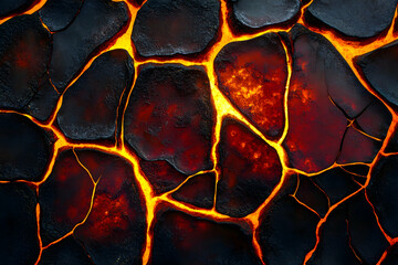 A close-up texture of lava, showcasing the intricate patterns and fiery red color