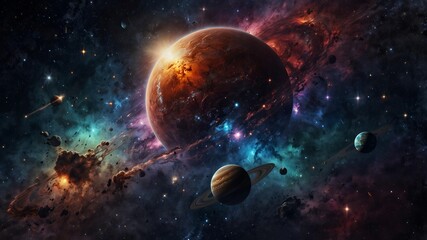 Epic Space Scene &ndash; Colorful Galaxy with Planets, Rings, and Nebulae