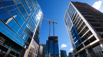 Naklejka premium Modern Skyscrapers Under Construction with Cranes Against Clear Blue Sky Urban Development Progress : Generative AI