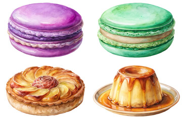 Colorful macarons, delicious desserts, watercolor style, sweet treats, gourmet pastries, vibrant colors, artistic presentation.