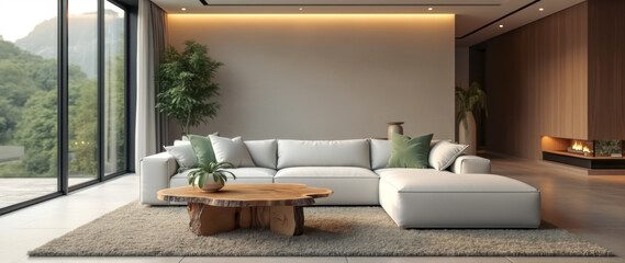 Fototapeta premium modern living room with light-grey sectional sofa wooden coffee table