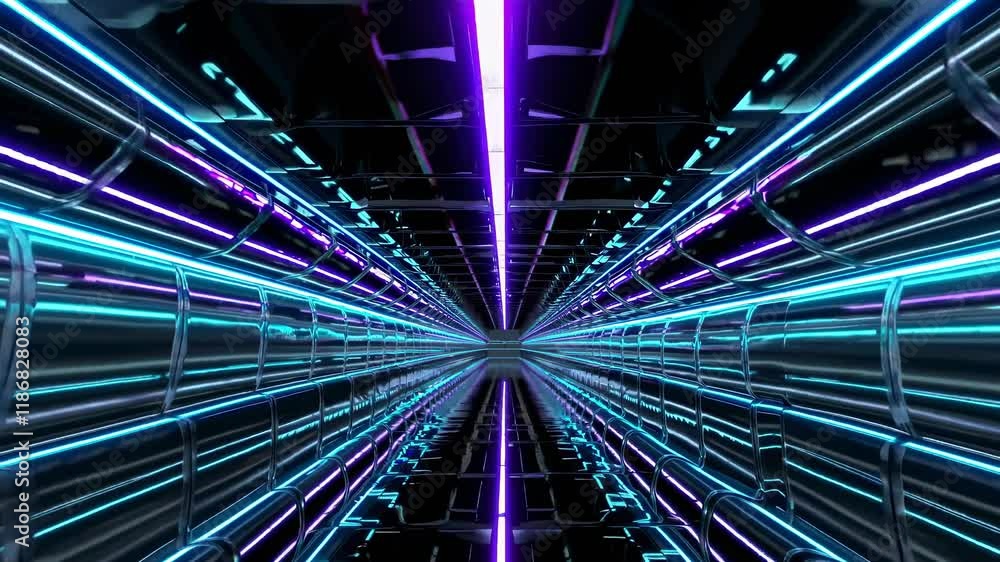 Poster vibrant neon tunnel experience with glowing lights and futuristic design in a dark environment