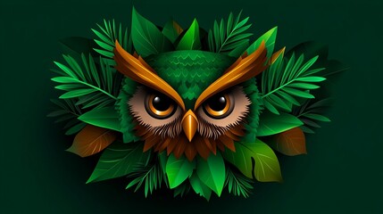 Obraz premium A majestic owl, rendered in shades of green and gold, peers intently from a vibrant jungle setting. Intricate details and lush foliage create a captivating image.
