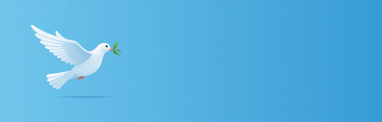 Obraz premium A White Dove Is Flying With An Olive Branch In Its Beak Over A Blue Background Against A Plain Banner. 00002