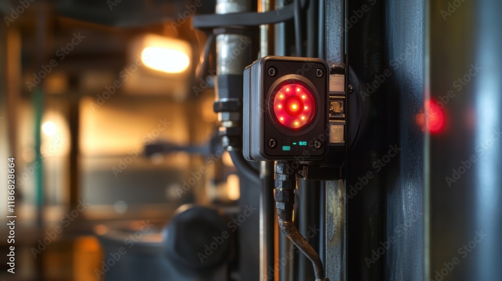 Poster red proximity sensor detecting forklifts in a warehouse, enhancing safety and efficiency in manufact