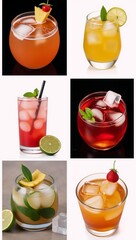 Selection of colorful cocktails served over ice with garnishes