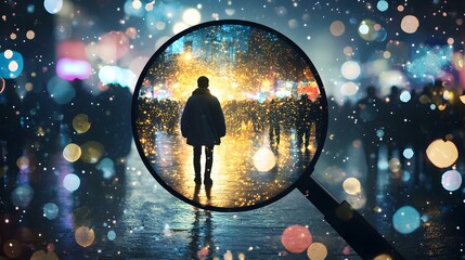Person silhouetted through magnifying glass, observing a dazzling city night.  A sense of wonder and mystery.