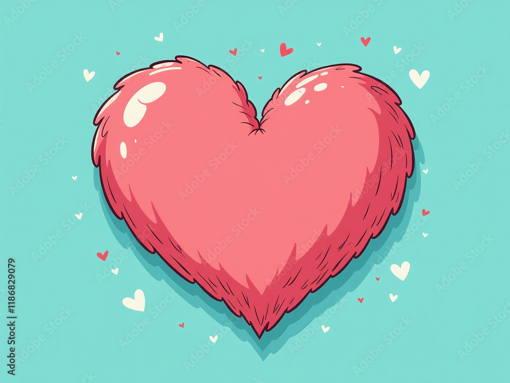 Poster a whimsical illustration features a fluffy heart on a turquoise background with ample copy space for