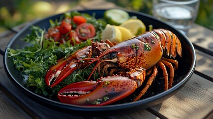 Grilled lobster with salad on a black plate.