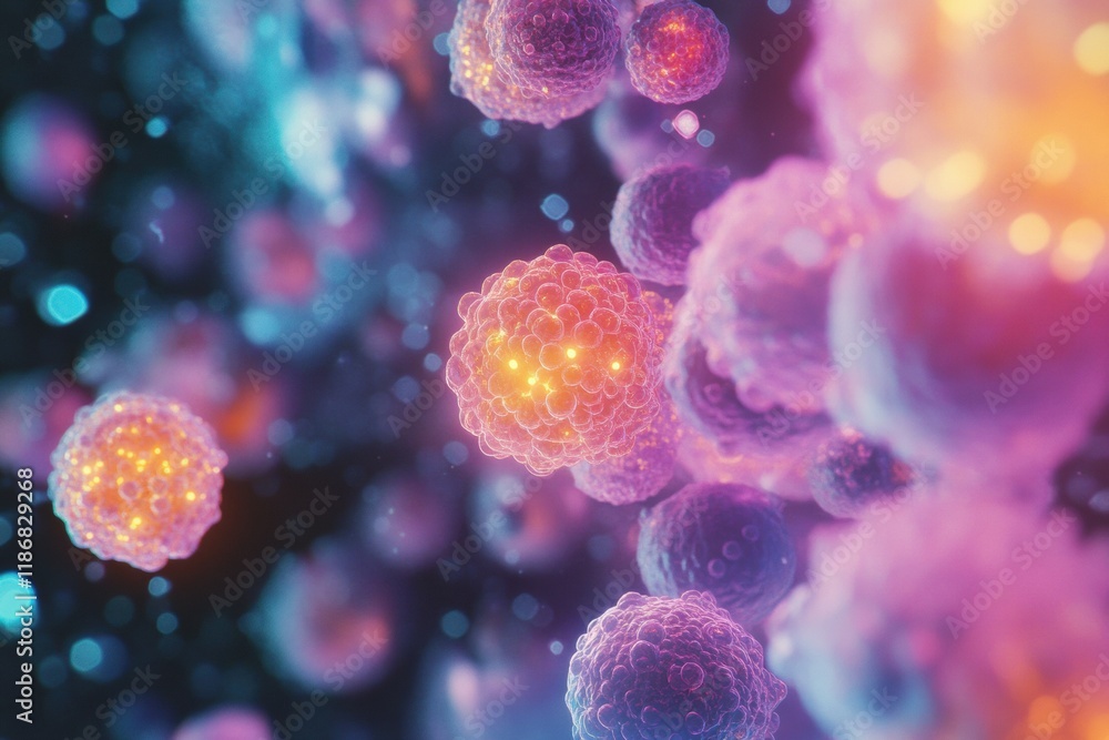 Poster glowing edges of cancer cells illuminated under microscopic observation revealing their structure an