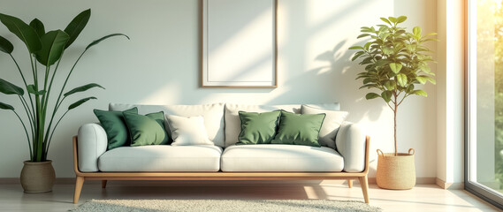 serene living room with a light-colored couch green pillows