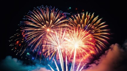Vibrant fireworks display exploding in the night sky. Colorful bursts of light and smoke create a stunning spectacle. Perfect for celebrating holidays, special events, or adding a festive touch to you