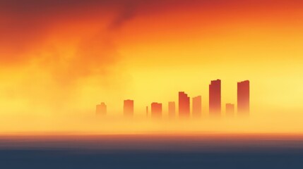 A stunning skyline silhouetted against a warm, orange sunset, creating a dramatic and ethereal atmosphere.