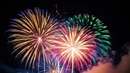 Vibrant fireworks display exploding in the night sky. Colorful bursts of light and smoke create a stunning spectacle. Perfect for celebrating holidays, special events, or adding a festive touch to you