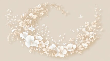 Delicate floral patterns forming a crescent moon shape, set on a muted beige background 