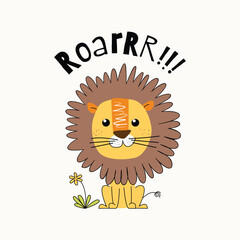 Cute lion vector illustration, childish background with roaring text