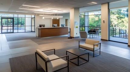 Fototapeta premium Modern Office Reception Area with Large Windows Overlooking Green Outdoor Space and Bright Interior Design : Generative AI