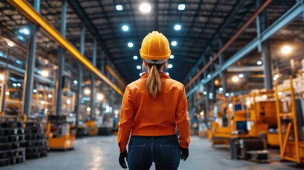A female worker in an orange safety vest and helmet standing in an illuminated warehouse, emphasizing leadership, professionalism, and industrial operations.