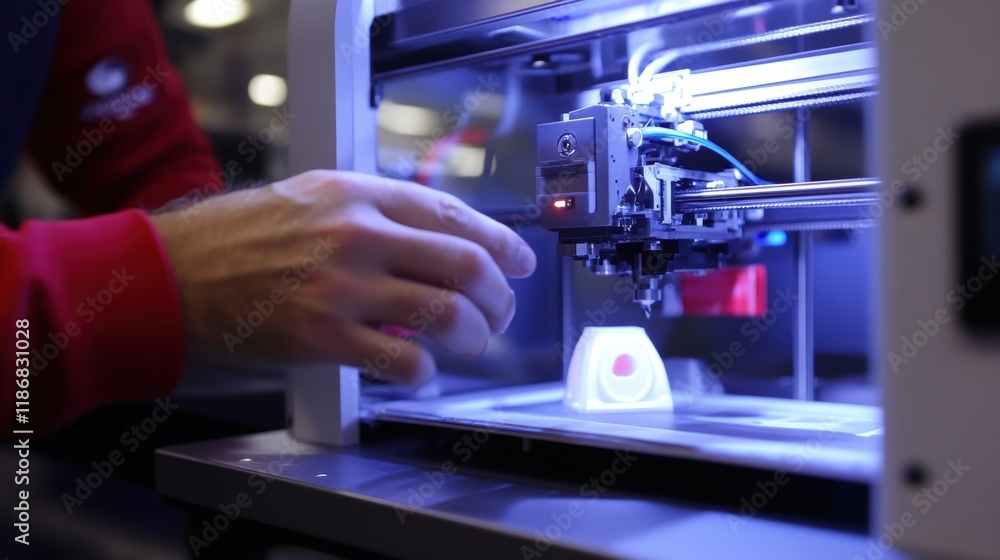 Poster technician's hand monitoring a 3d printer fabricating a plastic prototype, illuminated by the machin