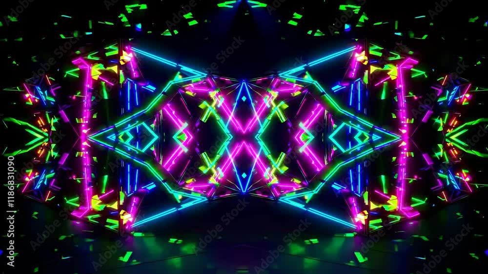 Poster dynamic light display with vibrant neon colors showcasing kinetic patterns in a darkened environment