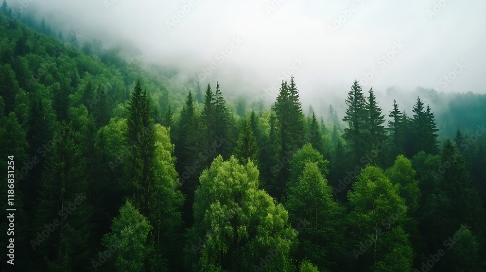 Poster enchanting misty evergreen forest in mountainous landscape captured on moody overcast day : generati