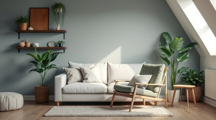 serene living room with white sofa green armchair