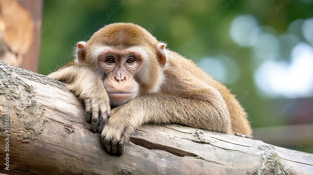 Aufkleber Pensive Monkey Resting on a Tree Branch in a Lush Forest Setting : Generative AI