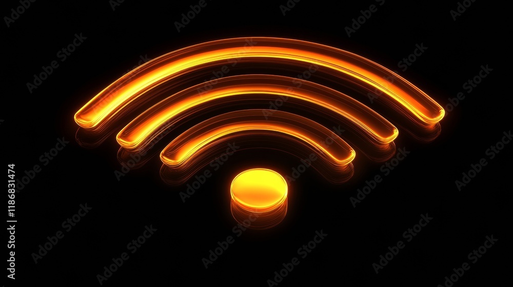 Poster wifi symbol with glowing orange light on a black background representing internet connection and new