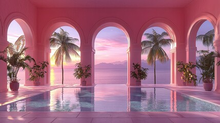 Pink pavilion with pool, ocean, palm trees, sunset view.