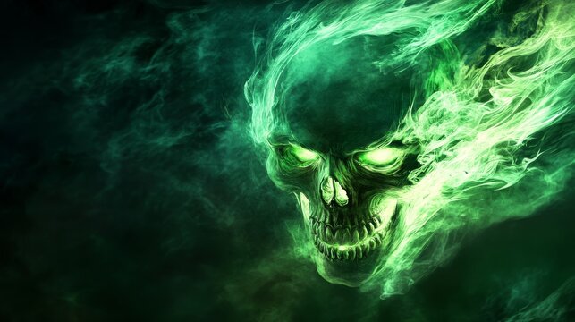 Luminescent green skull emitting eerie glow, enveloped by spectral flames casting haunting supernatural ambiance