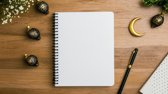 blank notebook on wooden table with decorative items and pen