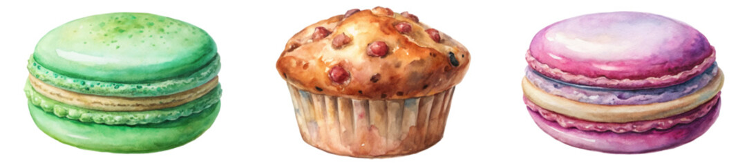 Colorful macarons, delicious muffin, watercolor illustration, dessert art, sweet treats, bakery design, food styling.