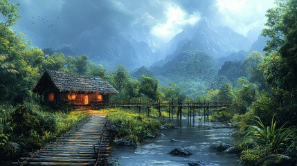 Serene mountain cabin by river, lush jungle.