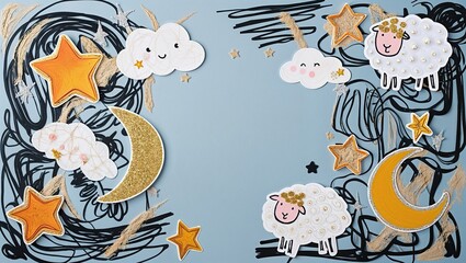 Fototapeta premium Sheep and Moon Nighttime Scene with Blank Space