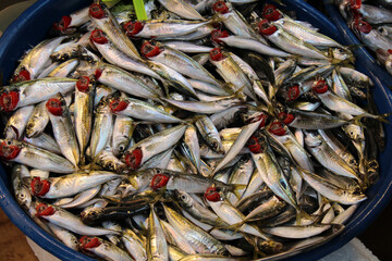 Fototapeta premium Anchovies with pulled out gills in the Market in Kadikoy, Istanbul Turkey