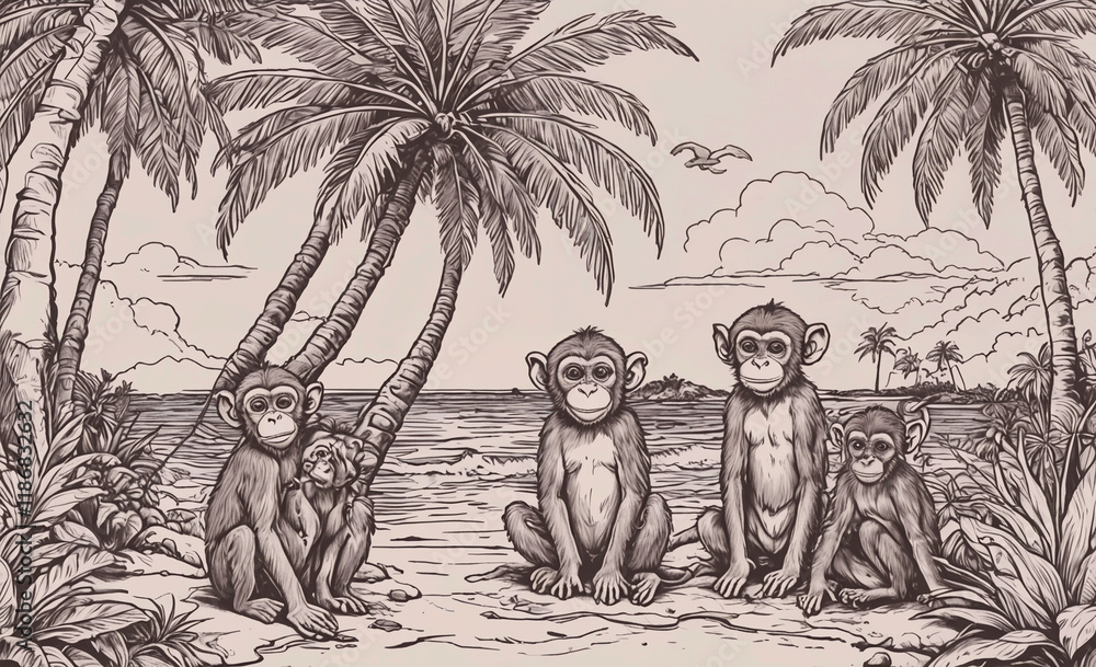 Poster group of four monkeys sitting on the beach. one of the monkeys is holding a baby monkey