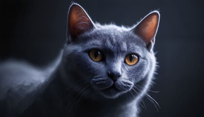 A close-up of a grey cat with yellow eyes looking at the camera against a dark background.
