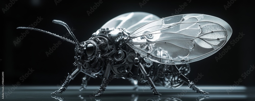 Poster clockwork insect with transparent wings standing on a reflective surface, blending nature and mechan