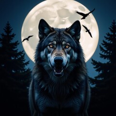 A majestic wolf howls under a glowing moon amid forest shadows and soaring birds