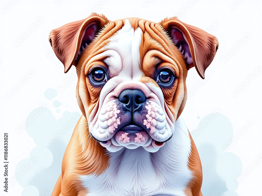 Poster A Watercolor Painting With A Colorful Portrait Of A Bulldog Puppy Is Created Using An Artificial Intelligence Generative Technique. 00002