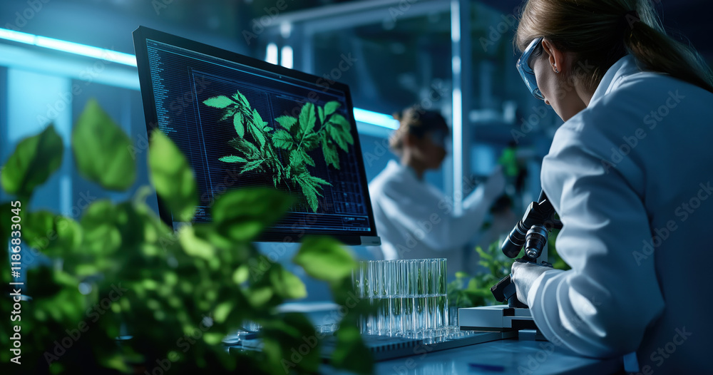 Poster a scientist examines plant specimens in a high-tech lab, using a microscope and computer to analyze 