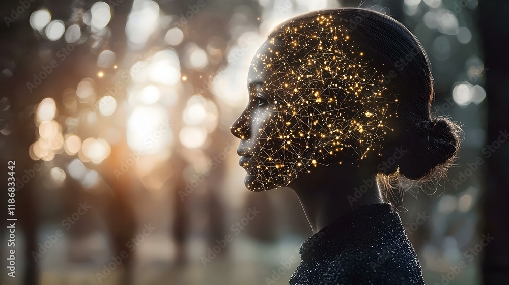 Poster woman's profile silhouetted against a bokeh background, overlaid with glowing network pattern. intri