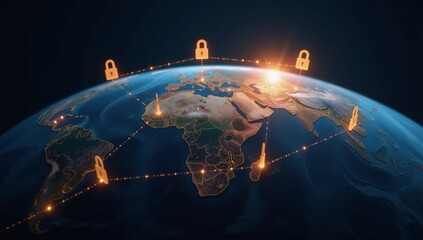 Globally connected Earth represented by glowing lines and padlocks symbolizing secure data protection