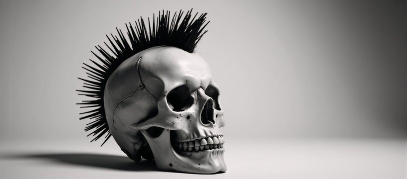 A black-and-white scratchboard imitation features a human skull with a bold spiky mohawk symbolizing the punk rock aesthetic and defiant spirit of rebellion in this gritty sketch