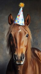 Playful chestnut horse sporting festive birthday party hat against shadowy backdrop