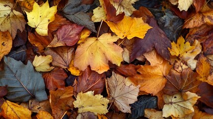 Fototapeta premium Pile of Autumn Leaves in Diverse Colors and Textures Creating a Vibrant Seasonal Carpet : Generative AI